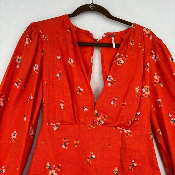 Free People Mini Dress Size 4 Orange Floral Belted Faux Wrap Balloon Sleeves - Picture 5 of 13